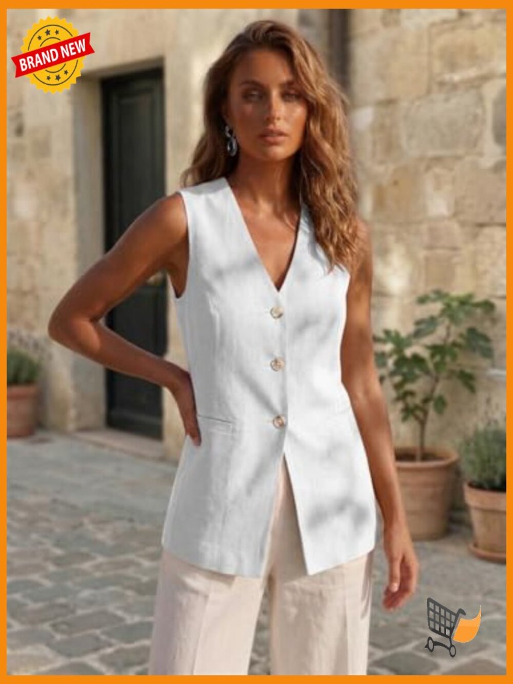 Sleeveless Linen Vest - V-Neck Fully-Lined Lightweight Office Casual Pockets - Picture 5 of 7